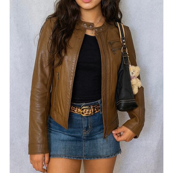 Vintage Y2K Blanc Noir Raw Leather Brown Motorcycle Full Zip Jacket Medium - Picture 1 of 12